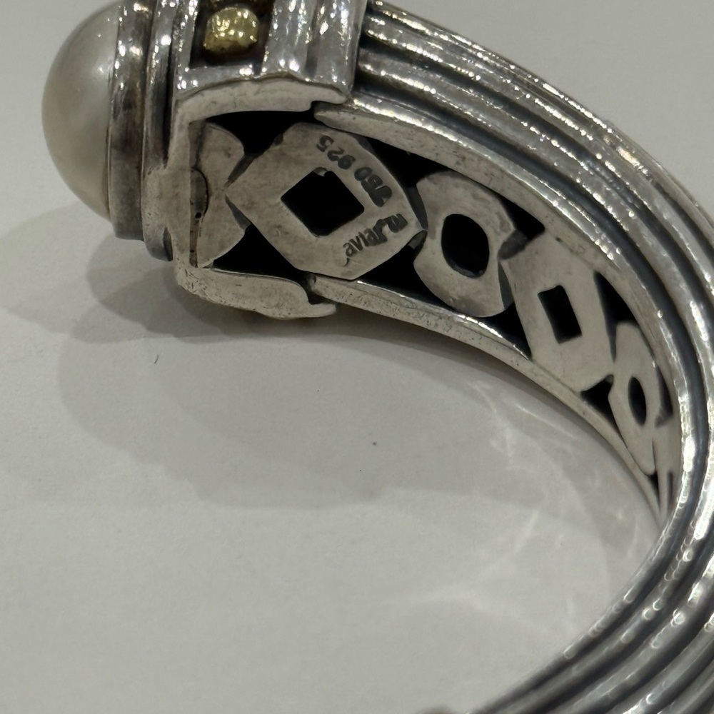 LAGOS Silver Tone Cuff Bracelet with Pearl End Caps and Gold Accents - Picture 5 of 6